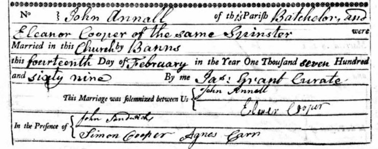 John Annall & Eleanor Cooper marriage