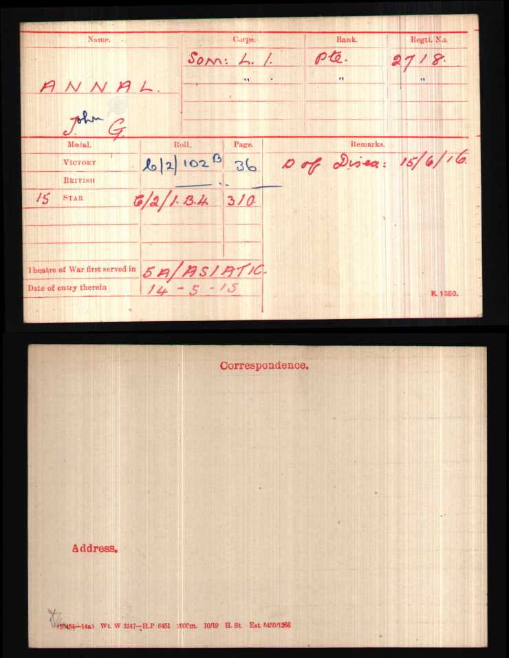 John G Annal Medal Index Card First World War WO 372-1-98316